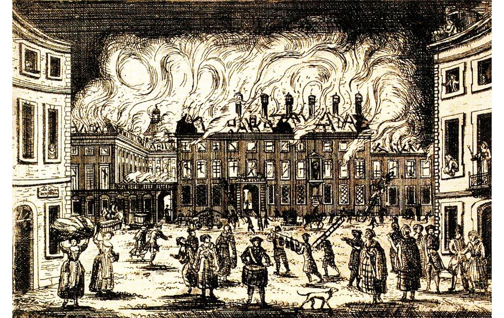Eine Radierung von François Rousseau von etwa 1780 zeigt den Brand des kurfürstlichen Schlosses in Bonn im Jahr 1777 von der heutigen Fürstenstraße aus gesehen. In der Bildmitte befindet sich der sogenannte Ferdinandbau mit seinen hohen, gemauerten Kaminen.