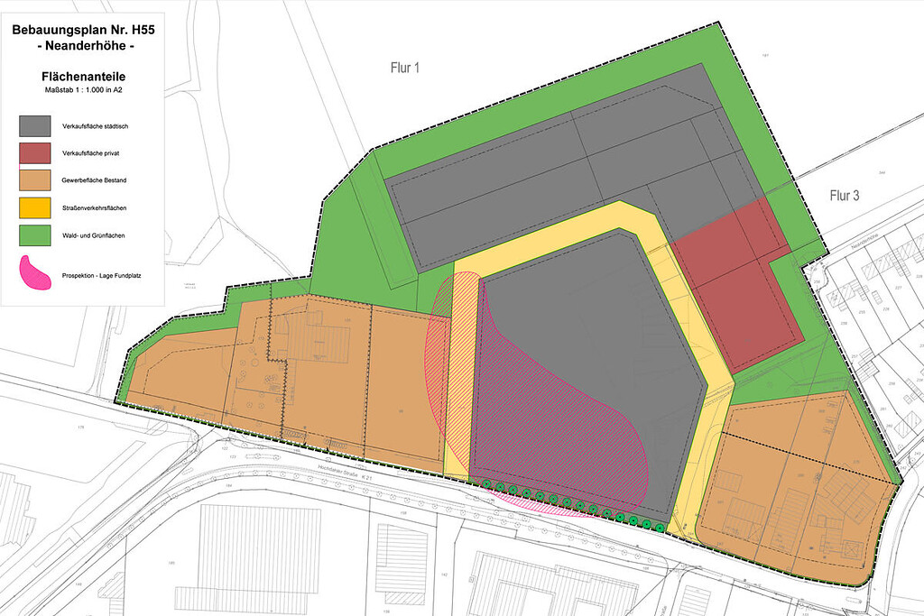 Stadt Erkrath, Bebauungsplan Nr. H 55, Neanderhöhe (Plan zur Pressemitteilung vom 17.03.2021). Rot eingetragen die Fundstelle.