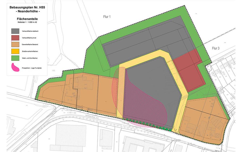 Stadt Erkrath, Bebauungsplan Nr. H 55, Neanderhöhe (Plan zur Pressemitteilung vom 17.03.2021). Rot eingetragen die Fundstelle.