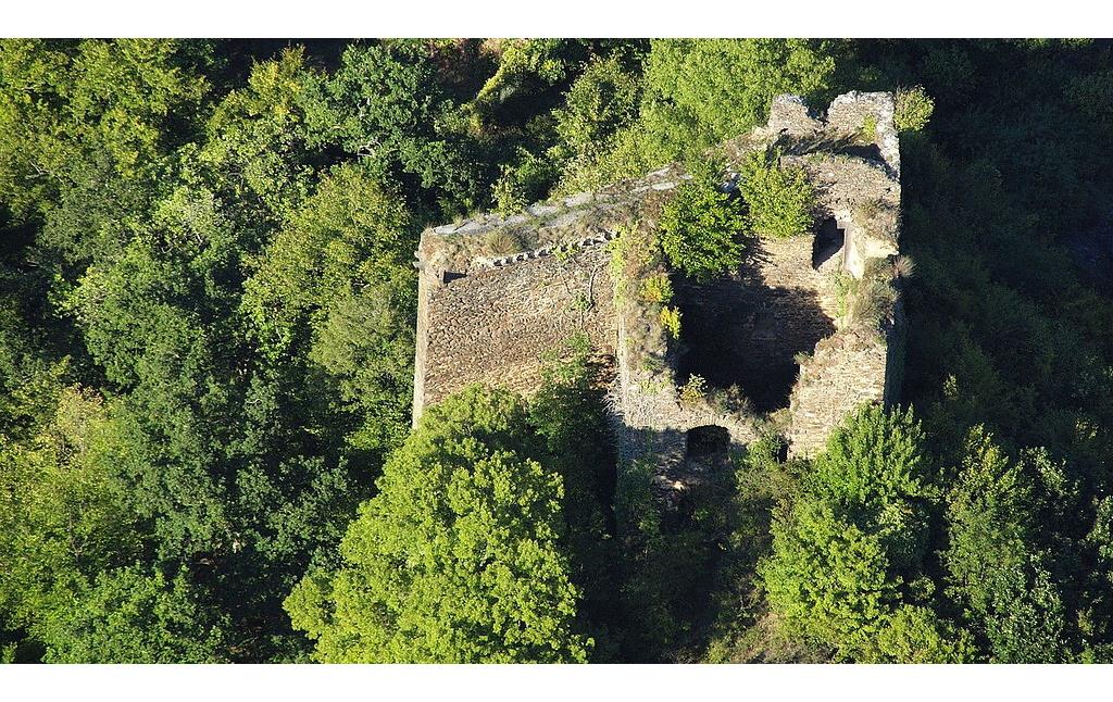 Die Ruine der Gegenburg Trutzeltz, gegenüber der Burg Eltz (Luftaufnahme 2015).