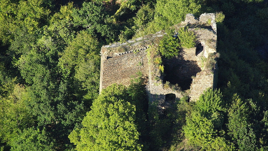 Die Ruine der Gegenburg Trutzeltz, gegenüber der Burg Eltz (Luftaufnahme 2015).