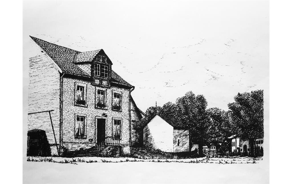 Die Strichzeichnung des Neuen Mindisch-Hauses in Berglicht rekonstruiert das Aussehen des Gebäudes in den 1920er Jahren