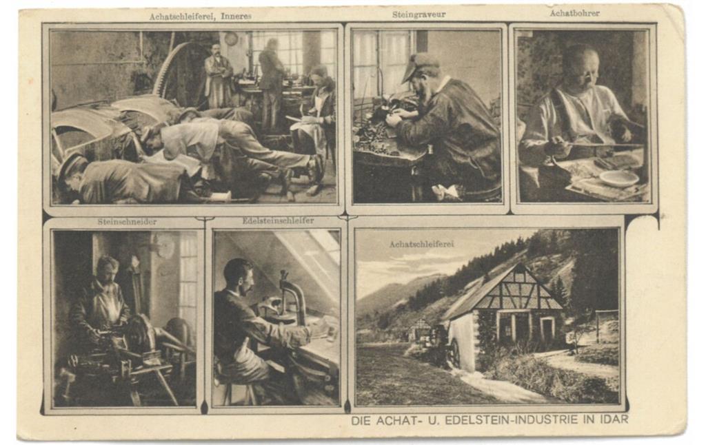 Darstellung verschiedener historischer Berufe aus der Edelsteinbearbeitung in Idar-Oberstein (um 1910)