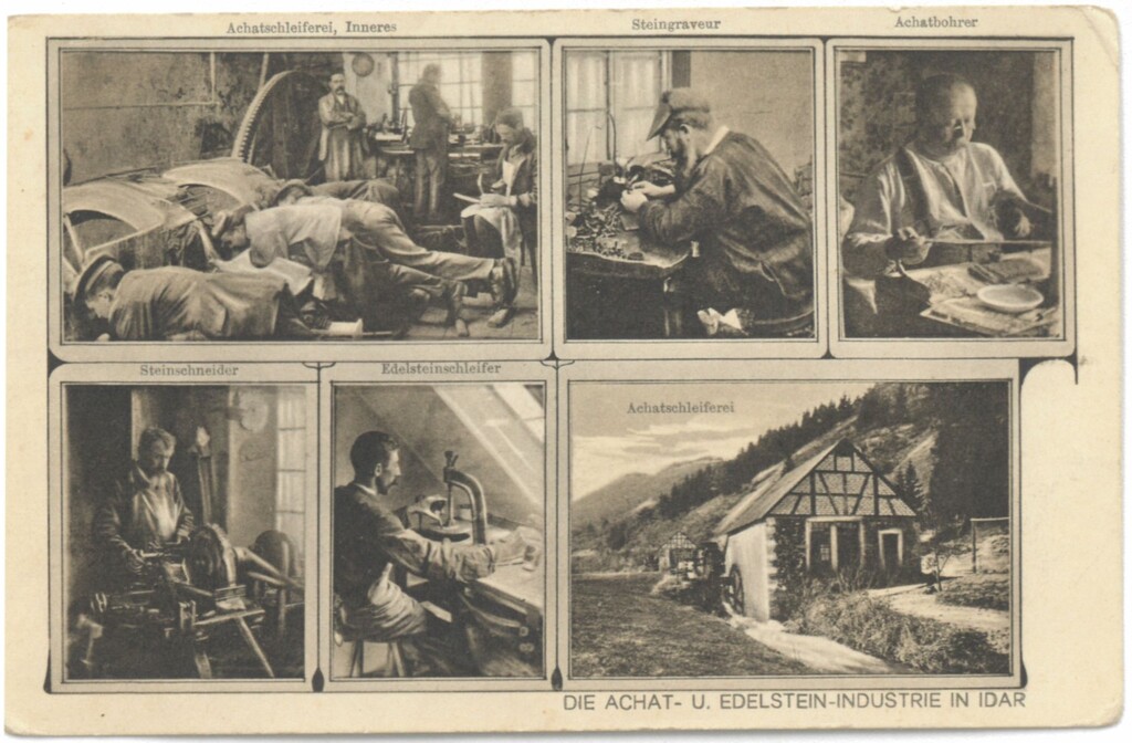 Darstellung verschiedener historischer Berufe aus der Edelsteinbearbeitung in Idar-Oberstein (um 1910)