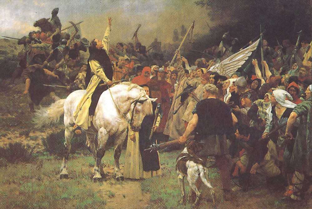"Schlacht bei Worringen, 1288", Gemälde von 1893 des deutschen Historienmalers der Düsseldorfer Schule Johann Peter Theodor Janssen (1844-1908).