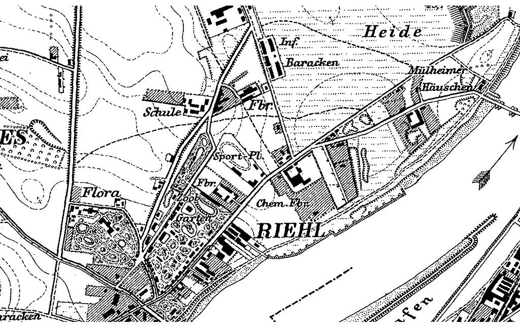 Der Bereich von Riehl auf einem Ausschnitt aus der Preußischen Kartenaufnahme 1:25.000 (Neuaufnahme 1891-1912, Blatt 5007 Köln von 1902).