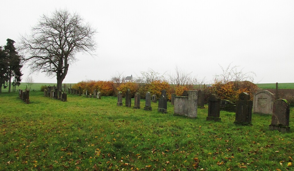 Blick über das Gräberfeld des südlich des Orts gelegenen jüdischen Friedhofs Mertloch, im Hintergrund die Heilig-Kreuz-Kapelle (2022).