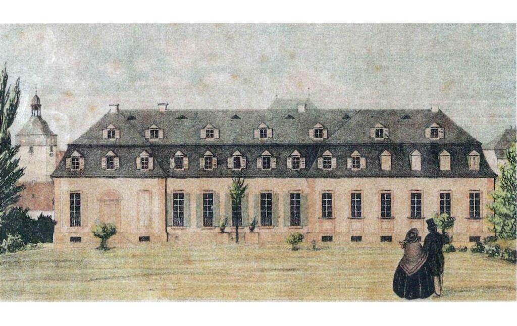Kolorierte Zeichnung der Residenz in Kirchheimbolanden vor dem Brand von 1861