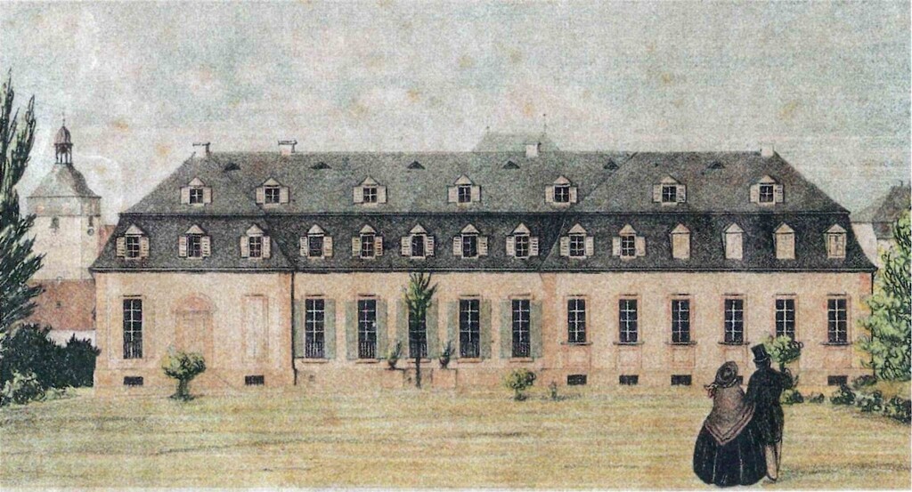 Kolorierte Zeichnung der Residenz in Kirchheimbolanden vor dem Brand von 1861