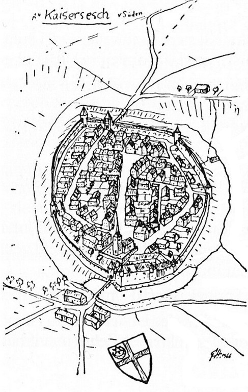 "Kaisersesch v. Süden" betitelte Zeichnung mit der früheren Stadtbefestigung, den Stadttoren und der Kirche. Die Signatur des unbekannten Zeichners lautet "GH (oder EH) 1966".