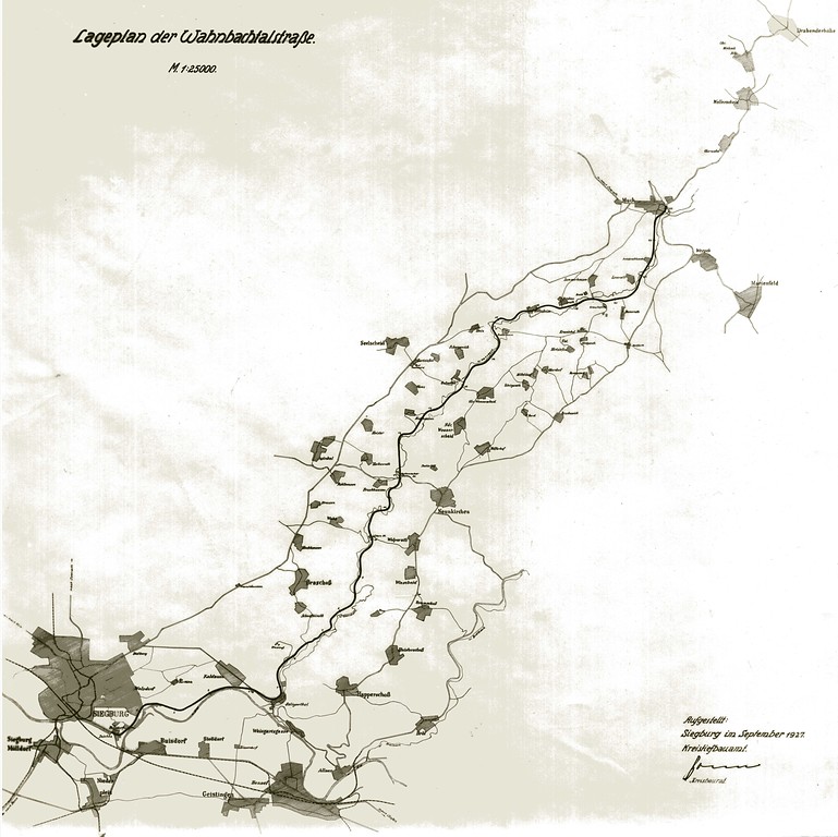 Lageplan der Wahnbachtalstraße, erstellt durch das Kreistiefbauamt September 1927