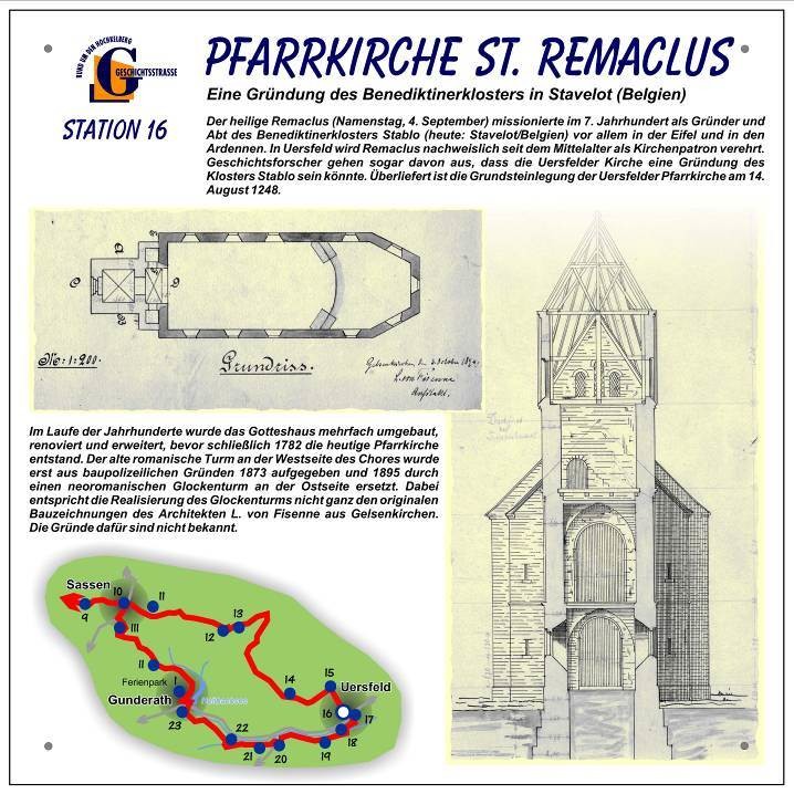 Informationstafel: Geschichtsstraße Abschnitt 1: Uersfeld-Gunderath, Station 16 Pfarrkirche St. Remaclus.