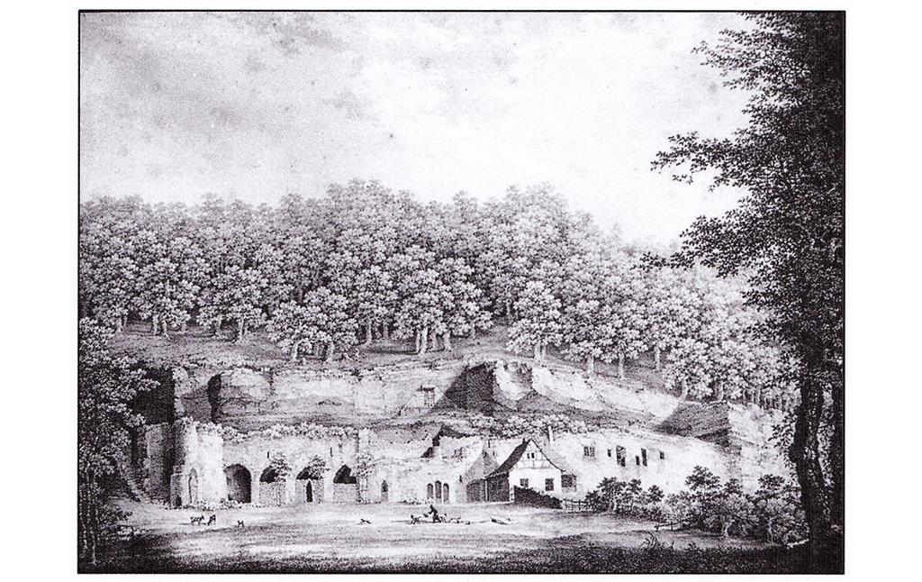 Felseneremitage bei Bretzenheim nach einem Stahlstich von G. A. von Lasinsky (1826)