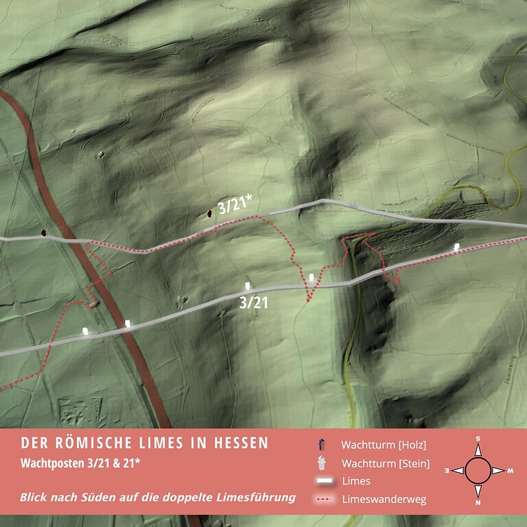 Limeswachtturm Wp 3/21* bei Idstein-Eschenhahn - Kartenansicht des Limes - Blick auf den Limes von Norden.