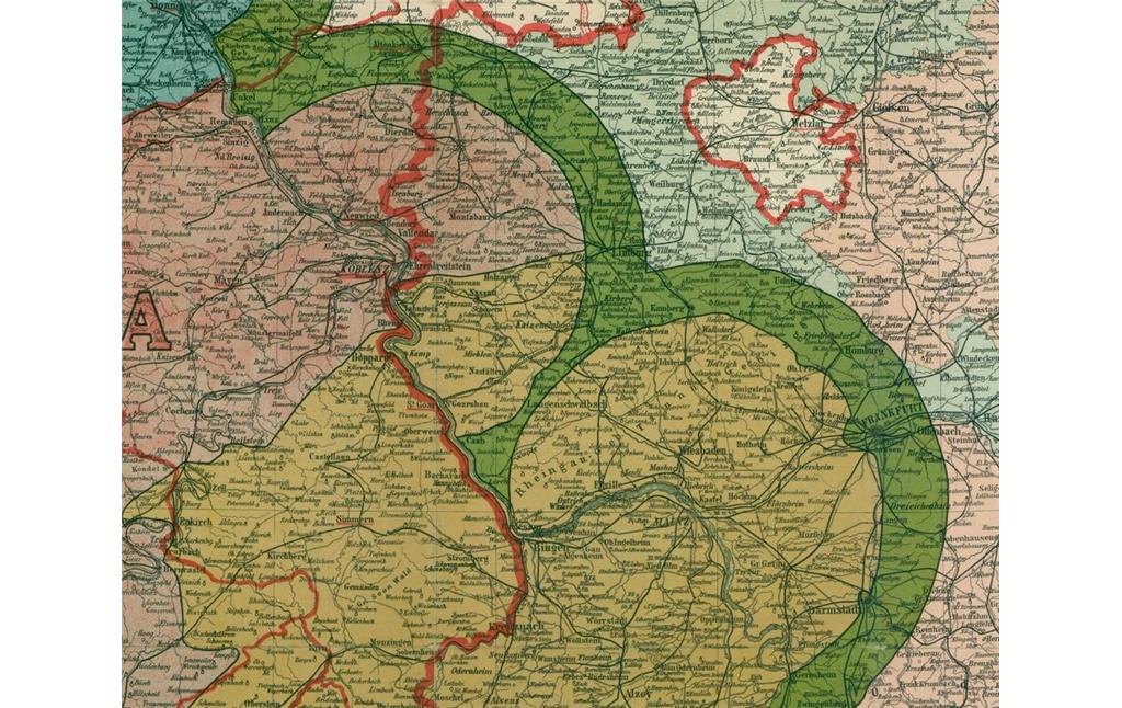 Ausschnitt aus der Karte von Rheinland und Westfalen und den angrenzenden Ländern mit Angabe des besetzten Gebietes und der neutralen Zonen (1918)