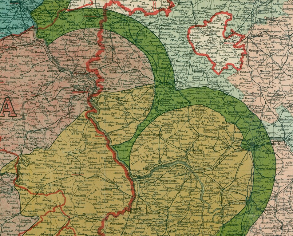 Ausschnitt aus der Karte von Rheinland und Westfalen und den angrenzenden Ländern mit Angabe des besetzten Gebietes und der neutralen Zonen (1918)