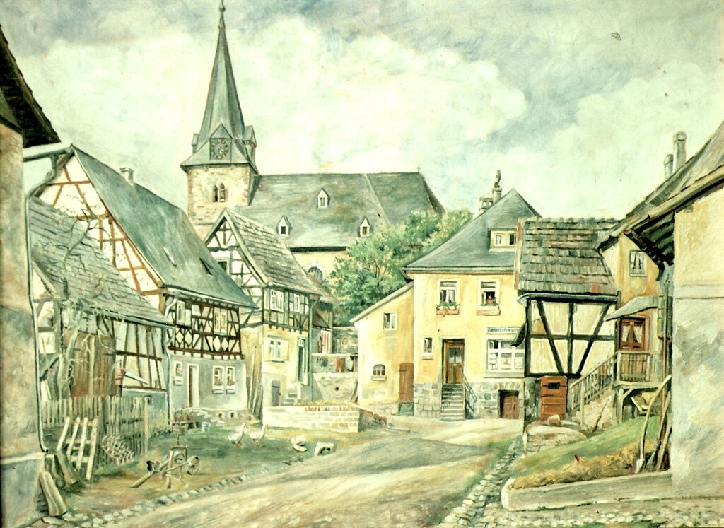 Kolorierte Zeichnung eines unbekannten Künstlers der Hauptstraße und der Kirche Mariä Himmelfahrt in Helferskirchen (1940er Jahre).