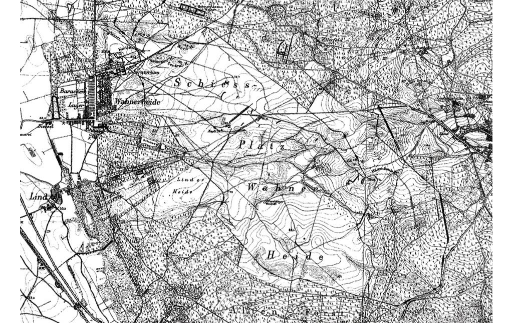 Ausschnitt aus der Preußischen Kartenaufnahme 1:25.000 (1891-1912 Neuaufnahme), Blätter 5108 - Köln-Porz (Wahn) und 5109 - Lohmar (Wahlscheid) mit dem Areal des Schießplatz in der Wahner Heide.