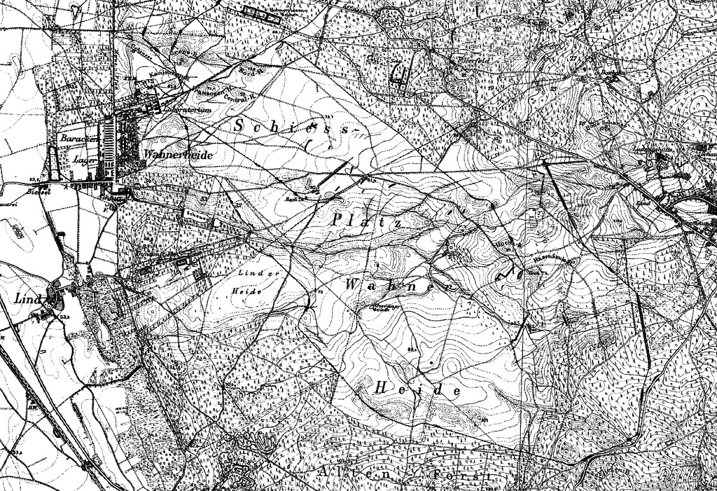 Ausschnitt aus der Preußischen Kartenaufnahme 1:25.000 (1891-1912 Neuaufnahme), Blätter 5108 - Köln-Porz (Wahn) und 5109 - Lohmar (Wahlscheid) mit dem Areal des Schießplatz in der Wahner Heide.