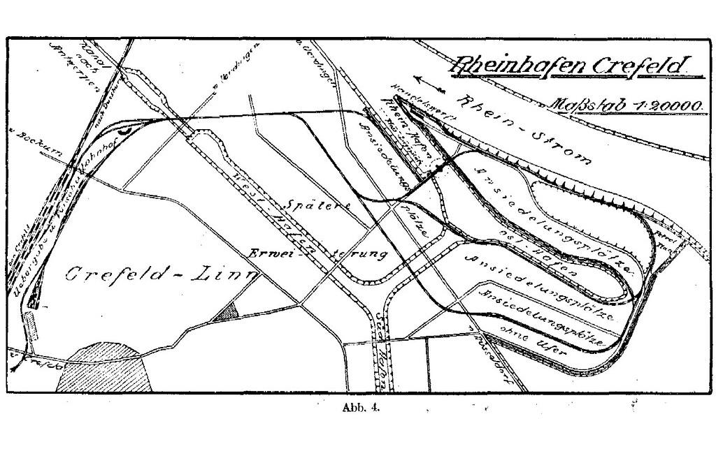 Historische Karte "Rheinhafen Crefeld" aus dem Zentralblatt der Bauverwaltung 1906 mit den Becken eines West- und Südhafens als Ausgangspunkt für einen Kanal nach Antwerpen.