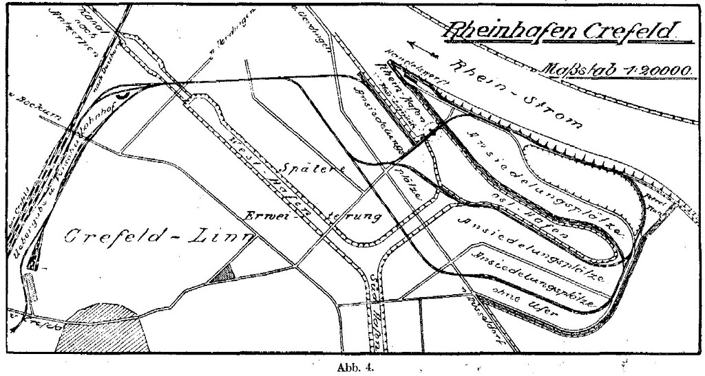 Historische Karte "Rheinhafen Crefeld" aus dem Zentralblatt der Bauverwaltung 1906 mit den Becken eines West- und Südhafens als Ausgangspunkt für einen Kanal nach Antwerpen.