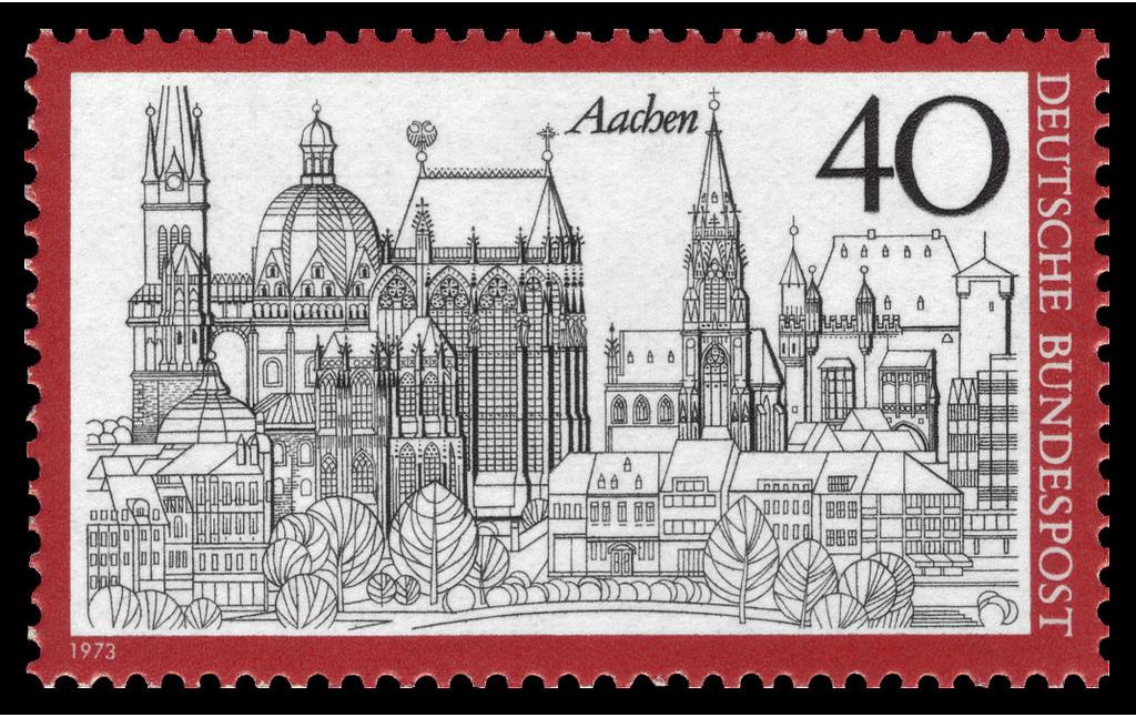 Schematische Darstellung der vom Dom dominierten Aachener Stadtsilhouette auf einer Briefmarke der Serie "Fremdenverkehr" der Deutschen Bundespost von 1973.