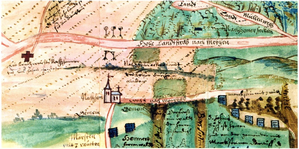 Ausschnitt einer historischen Karte (um 1619) an der "hohe Landstraß nach Meyyen" mit der Darstellung von Hinrichtungsstätten.