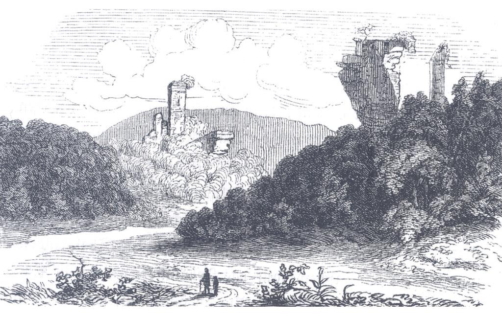 Historische Zeichnung der Burgruinen Erfenstein (links) und Spangenberg (rechts) von 1858.