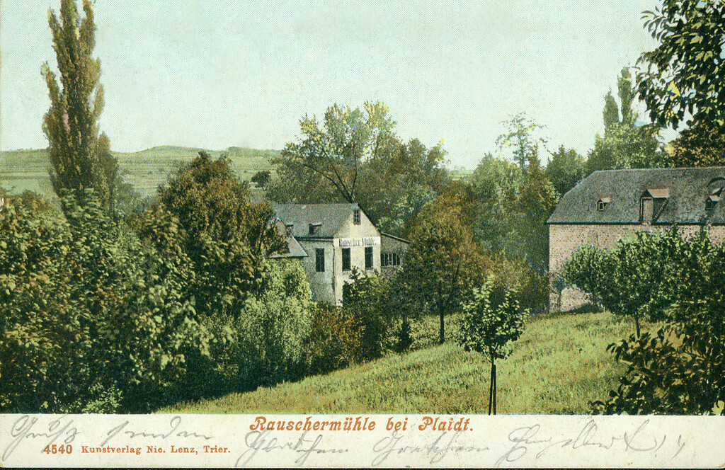 Historische Postkarte mit dem Rauscher Wasserfall und der Rauschermühle an der Nette in Plaidt (gelaufen 1904)