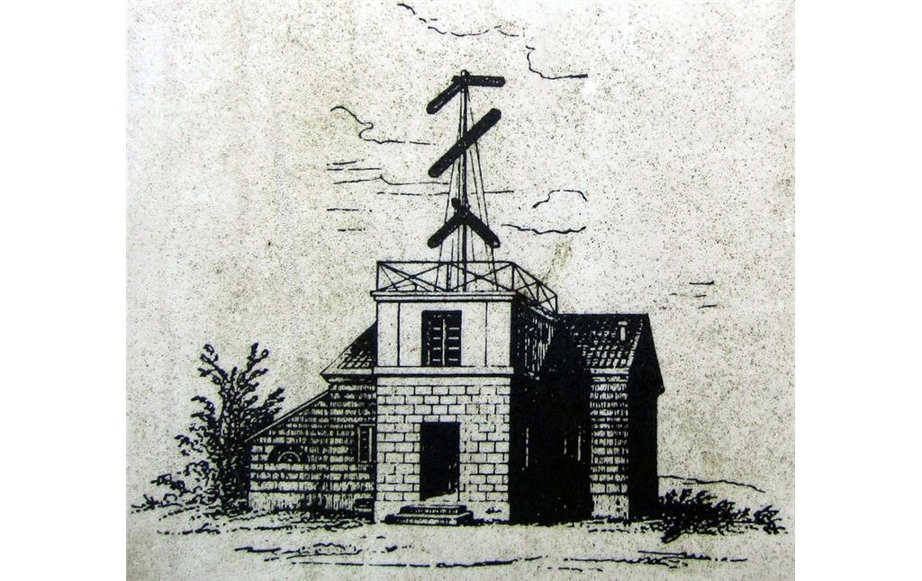 Historische Zeichnung: Die Telegrafenstation auf dem Telegrafenberg (Rodderberg) in der Wahner Heide (undatiert, vermutlich erste Hälfte des 20. Jahrhunderts).