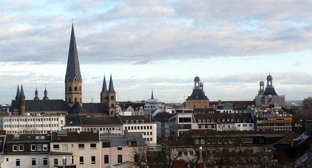 Blick von einem Haus in der Baumschulallee auf die Bonner Innenstadt mit dem Bonner Münster und den beiden dahinter liegenden Türmen der Namen-Jesu-Kirche in der linken Bildhälfte sowie dem kurfürstlichen Schloss mit seinen vier charakteristischen Ecktürmen in der rechten Bildhälfte (2014)