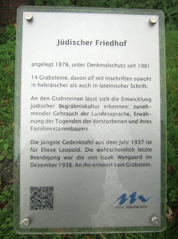 Hinweisschild am jüdischen Friedhof an der Uerdinger Straße in Meerbusch-Lank-Latum (2014).