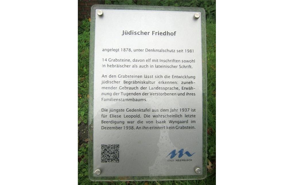 Hinweisschild am jüdischen Friedhof an der Uerdinger Straße in Meerbusch-Lank-Latum (2014).