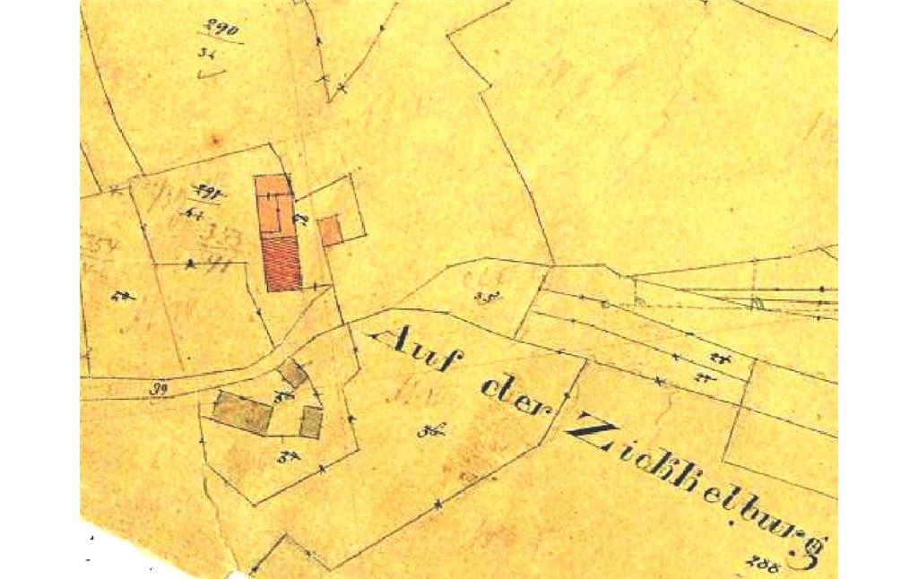 Urkatasterkarte mit ehemaligen Gebäuden der Zickelburger Höfe bei Menzenberg in Bad Honnef (1825)
