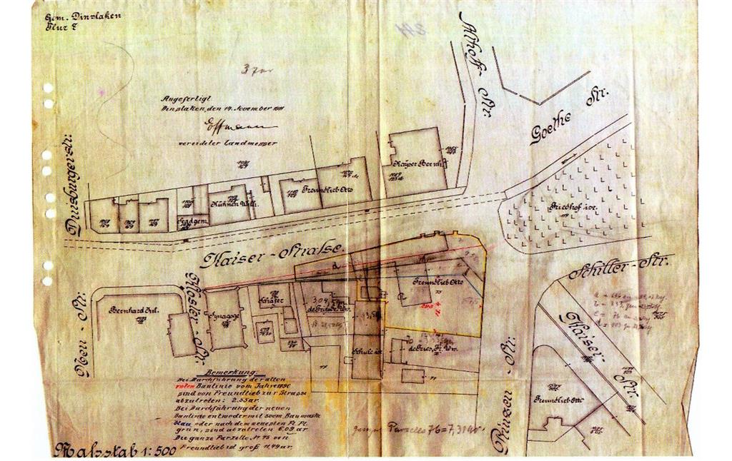 Historischer Plan der Stadt Dinslaken aus dem Jahre 1910 mit der Situation "am Doel" / "am Doelen". Die frühere Fläche des Judenfriedhofs befindet sich rechts zwischen Goethe- und Schillerstraße.