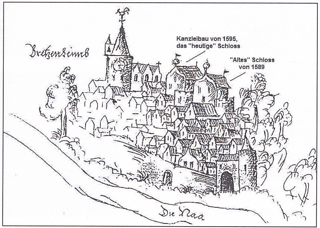 Ortsansicht von Bretzenheim mit moderner Kennzeichnung des neuen und des alten Schlosses (1608)
