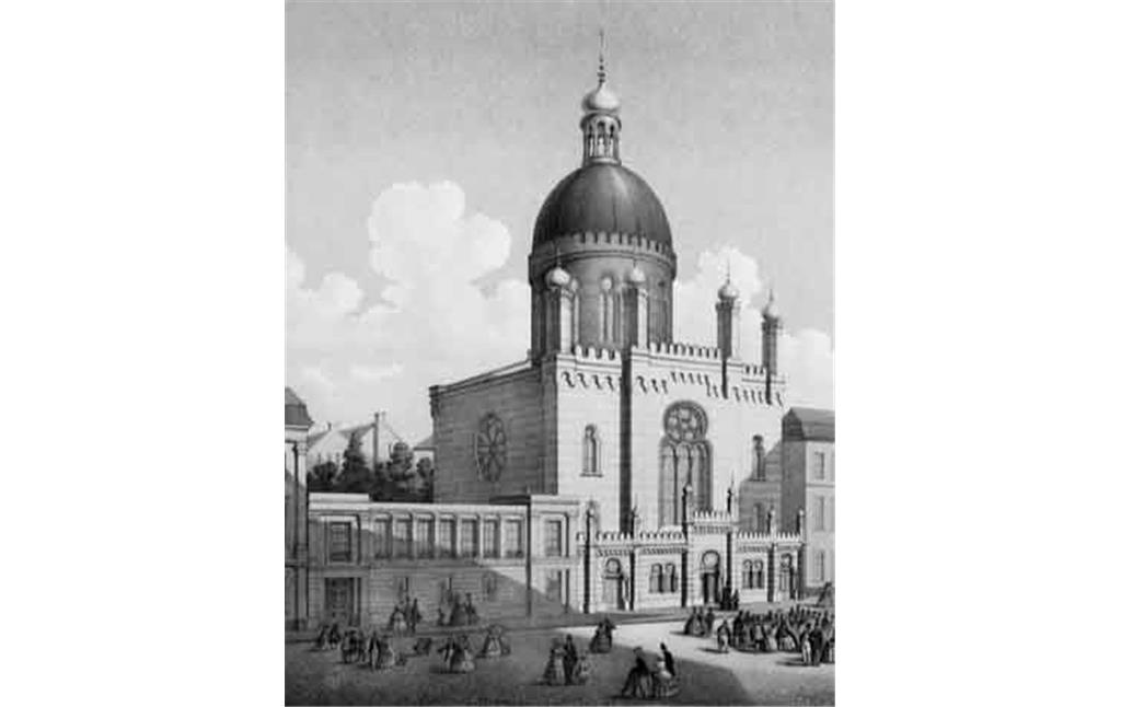 Historische Chromolithographie: Außenansicht der Kölner Synagoge in der Glockengasse (etwa 1861).