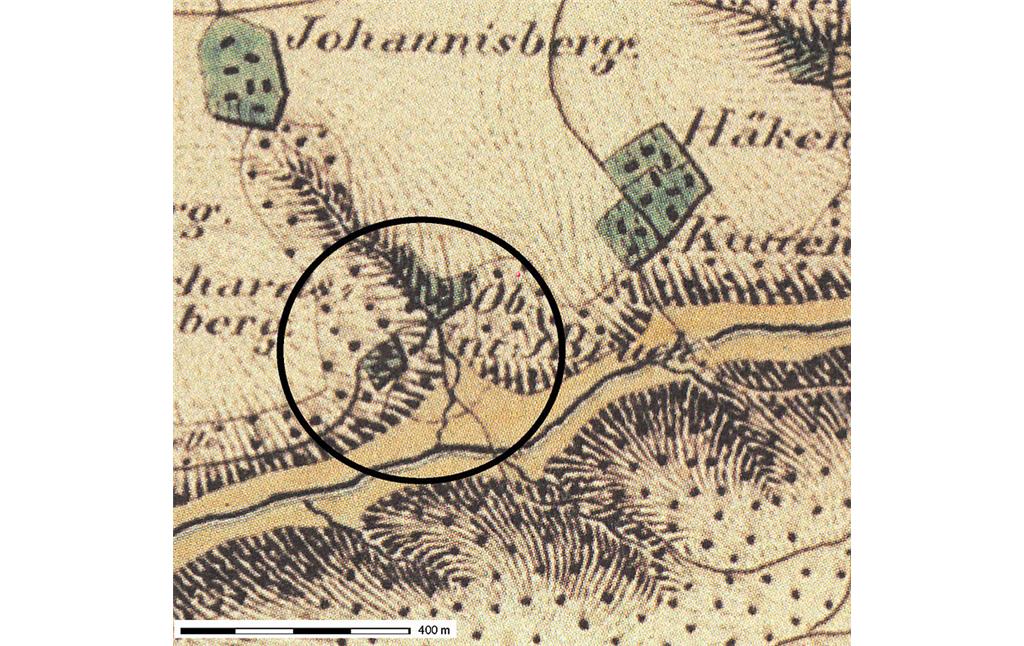 Ausschnitt der Tranchot-Karte (1801-1828), zwei Gehöfte im Tal der Kürtener Sülz im Bergischen Land