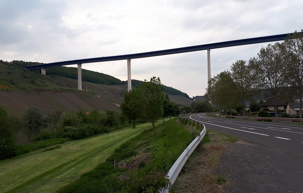 Die Straßenbrücke des Hochmoselübergangs zwischen Bernkastel-Kues und Traben-Trarbach (Hochmoselbrücke), Ansicht von Zeltingen-Rachtig aus (2019).