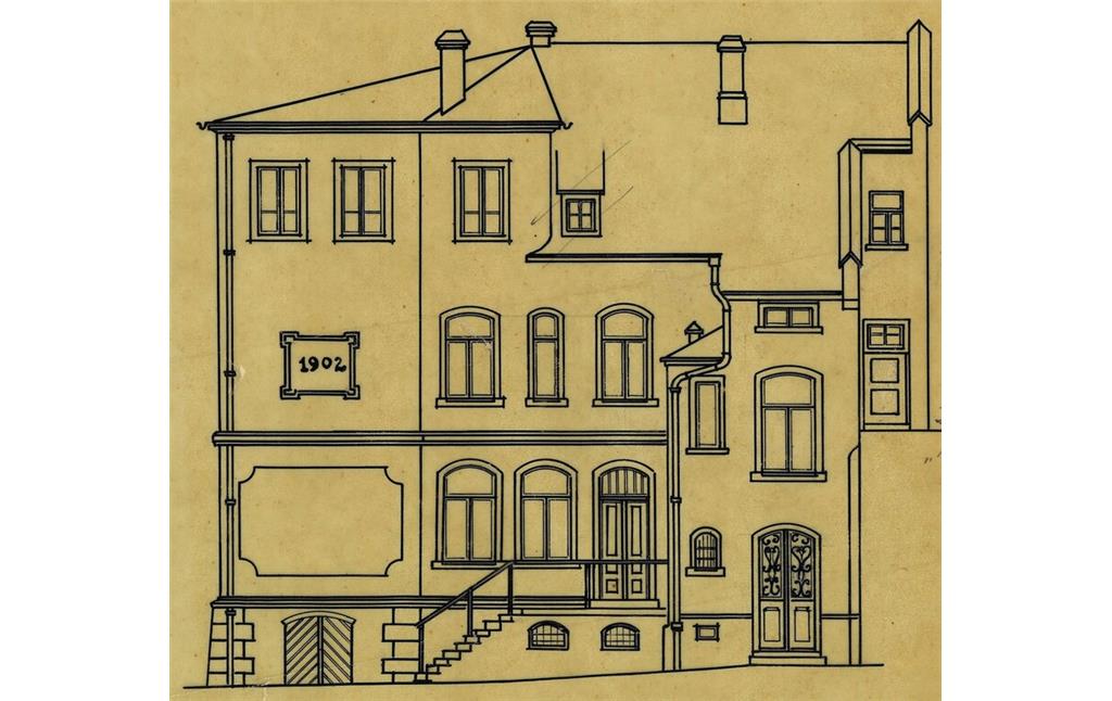 Zeichnung des ehemaligen Postamts in der Marktstraße 2 in Kaub, Hinteransicht (um 1910)