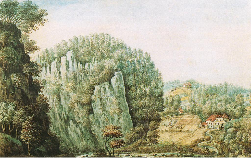 C. Engels, "Ansicht der Hundsklippe bey Mettmann im Herzogthum Berg, nach der Natur gezeichnet." Aquarell, 25,0 x 37,4 cm, vor 1806, Neanderthal Museum (Dauerleihgabe aus Privatbesitz, Wickrathhahn)