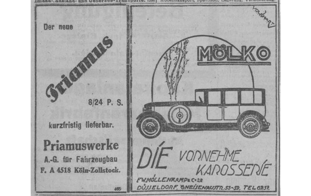 Werbeanzeigen für den neuen "Priamus 8/24 P.S." der Kölner Priamuswerke A.-G. und den Typ "Mölko - Die vornehme Korosserie" der Düsseldorfer Möllenkamp-Werke in der Kölnischen Zeitung vom 4. November 1921.