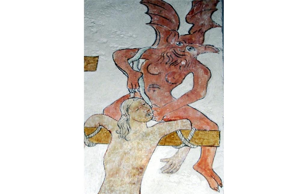 Evangelische Pfarrkirche "Bunte Kerke" in Lieberhausen, Decken- und Wandmalereien (2011): Kreuzigungsszene (Golgotha), Detail eines die Seele des neben Jesus gekreuzigten Schächers raubenden Teufels.