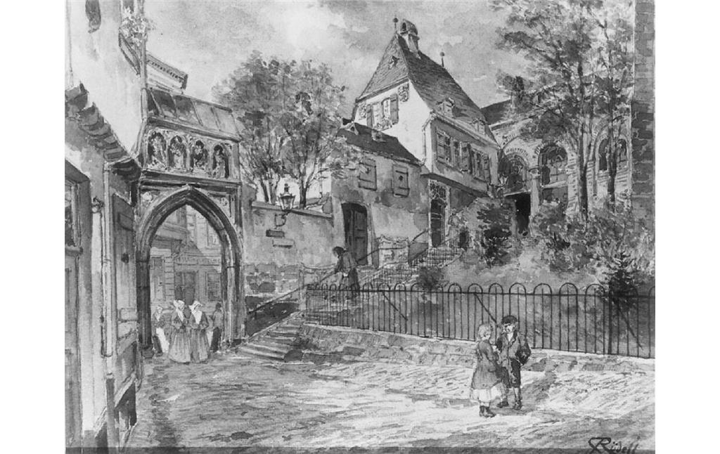 Aquarell auf Papier von Carl Rüdell (zwischen 1880 und 1900): Das Kölner Dreikönigenpförtchen an Sankt Maria im Kapitol.