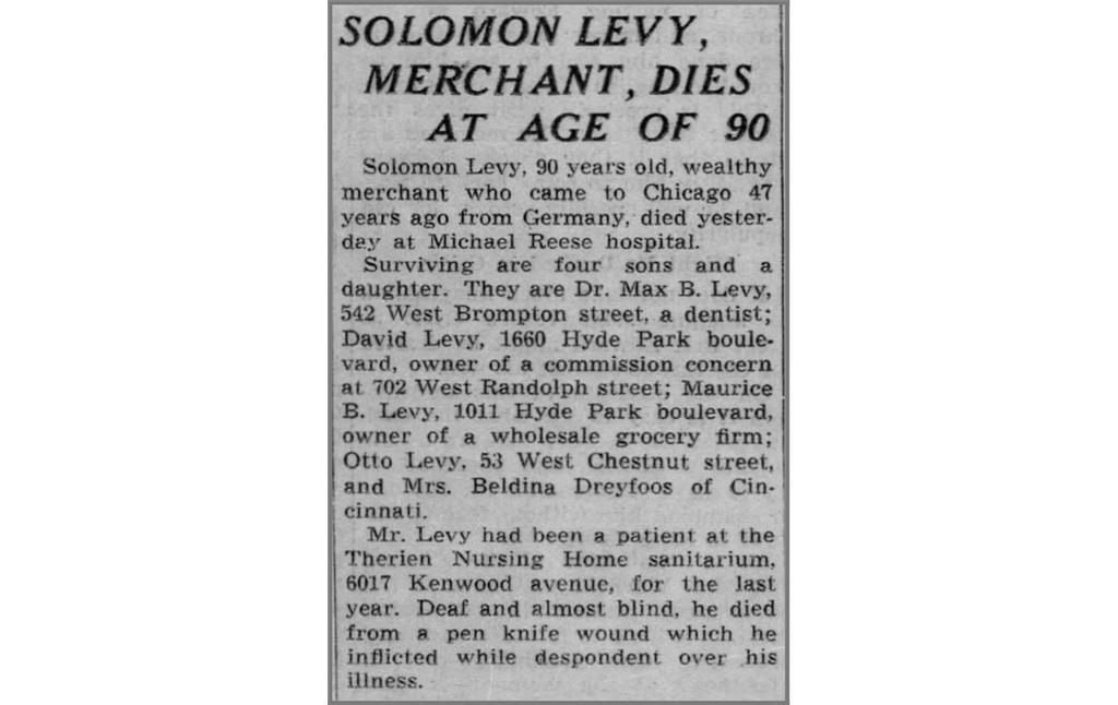 Todesanzeige in der Chicago Tribune zum Tod Salomon Levys vom 30.05.1937