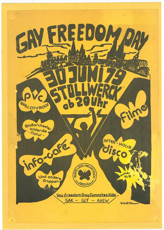 Plakat zu dem am 30. Juni 1979 erstmals in Köln gefeierten "Christopher Street Day" (CSD). Veranstaltungen unter dem Slogan "Gay Freedom Day" finden auf dem wenig später besetzten Stollwerck-Gelände statt.