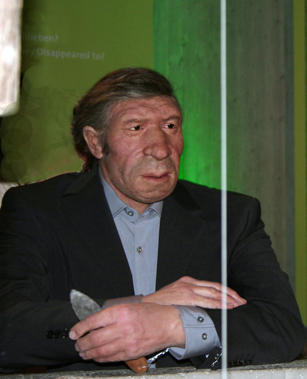 Der modern gekleidete Neandertaler "Mister 4 Prozent" im Neanderthal Museum (2012). Nach modernen Untersuchungen trägt der heutige Mensch etwa 4% der Neandertaler-DNA in sich.