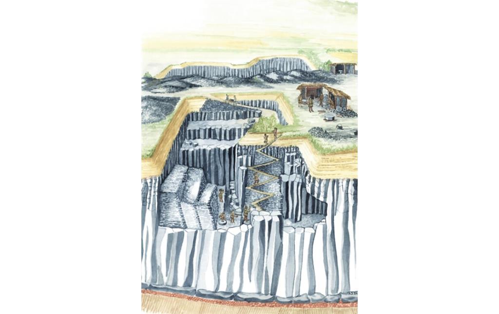 Darstellung eines mittelalterlichen Steinbruchs im Basaltlavaabbau von ca. 450 n. Chr. - 14./15. Jahrhundert (ohne Datum).
