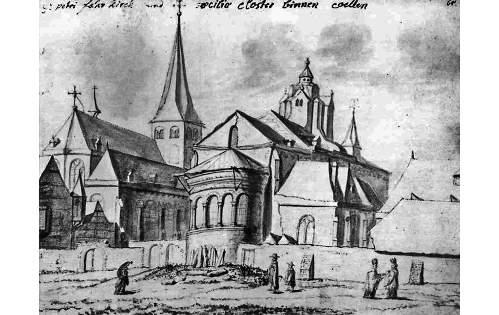 Historische Ansicht der Kölner Kirchen St. Peter (links) und St. Cäcilien (rechts) mit angrenzenden Klosterbauten (Justus Finkenbaum, um 1665).