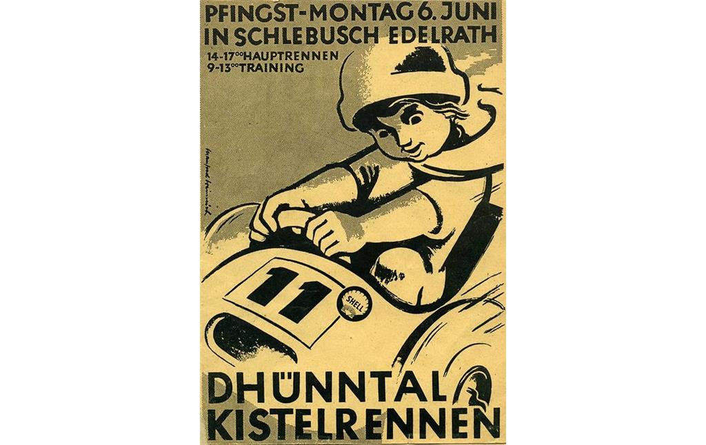 Werbeplakat für das Seifenkistenrennen "Dhünntal Kistelrennen" am Pfingstmontag 6. Juni 1949 in Edelrath (Leverkusen-Schlebusch).